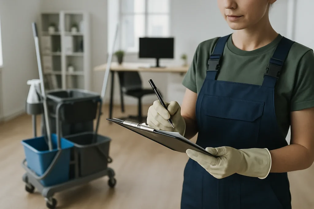 Femme de ménage nettoyant un bureau moderne à Châtenoy-le-Royal.