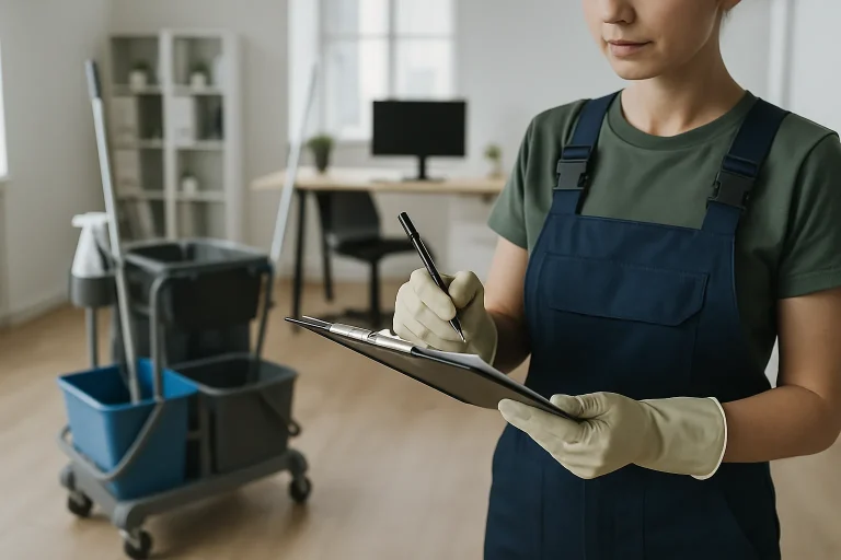 Femme de ménage nettoyant un bureau moderne à Châtenoy-le-Royal.