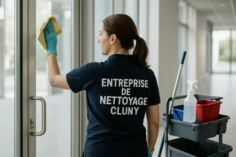 Équipe de nettoyage en action dans un bureau moderne à Cluny, désinfectant des surfaces.