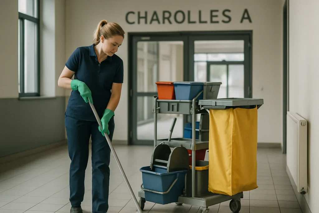 Équipe de nettoyage à Charolles utilisant des outils professionnels dans un appartement.