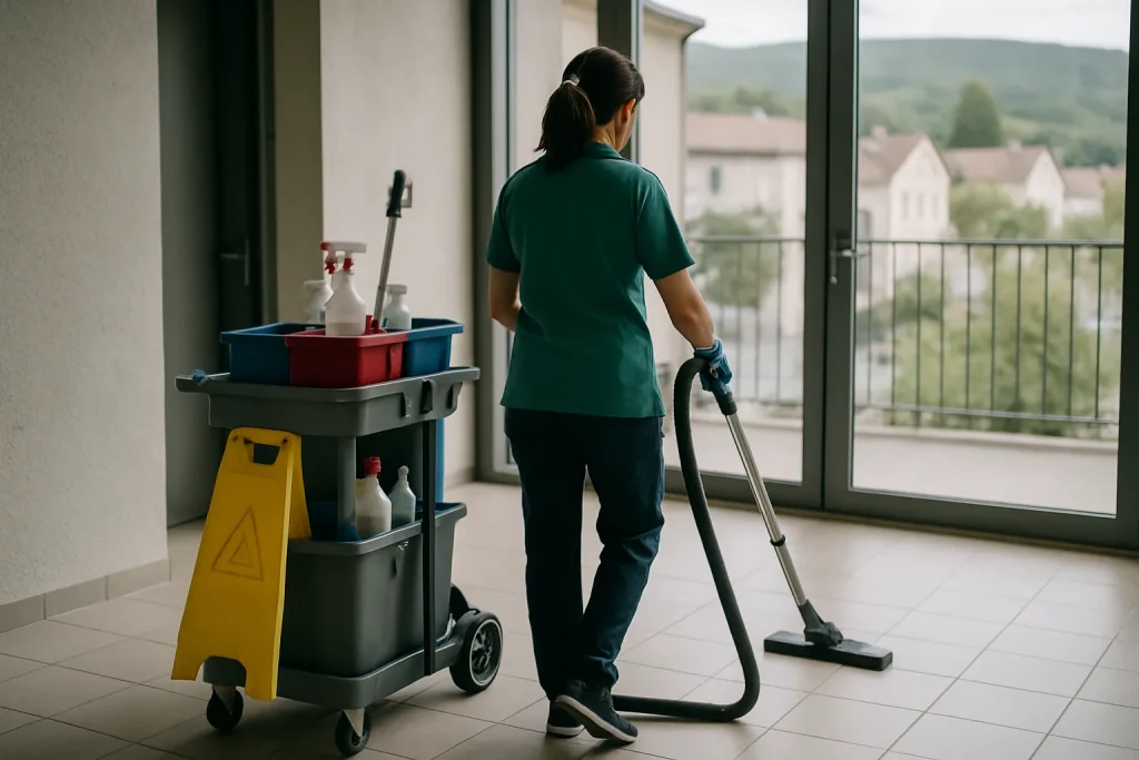 Un professionnel du nettoyage à Fontaines utilisant des équipements modernes dans un appartement.