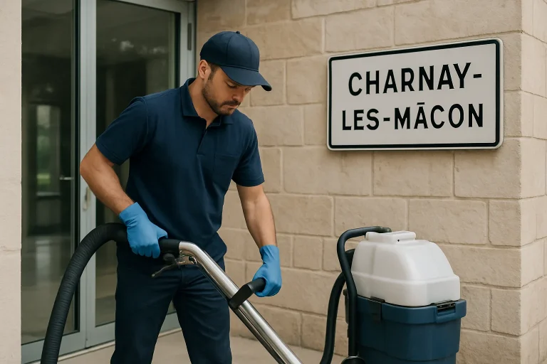Technicien de nettoyage professionnel désinfectant un bureau à Charnay-les-Macon.