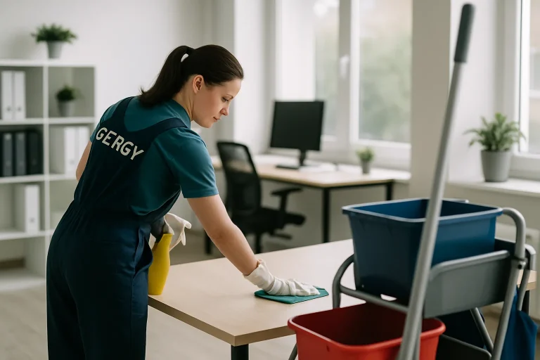 Un agent de nettoyage désinfectant un bureau à GERGY avec des produits écologiques.