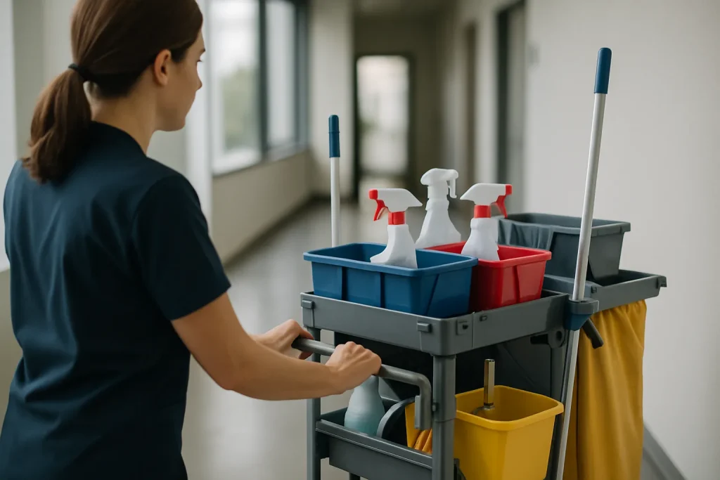 Des professionnels du nettoyage nettoient un bureau à Champforgeuil avec des produits écologiques.