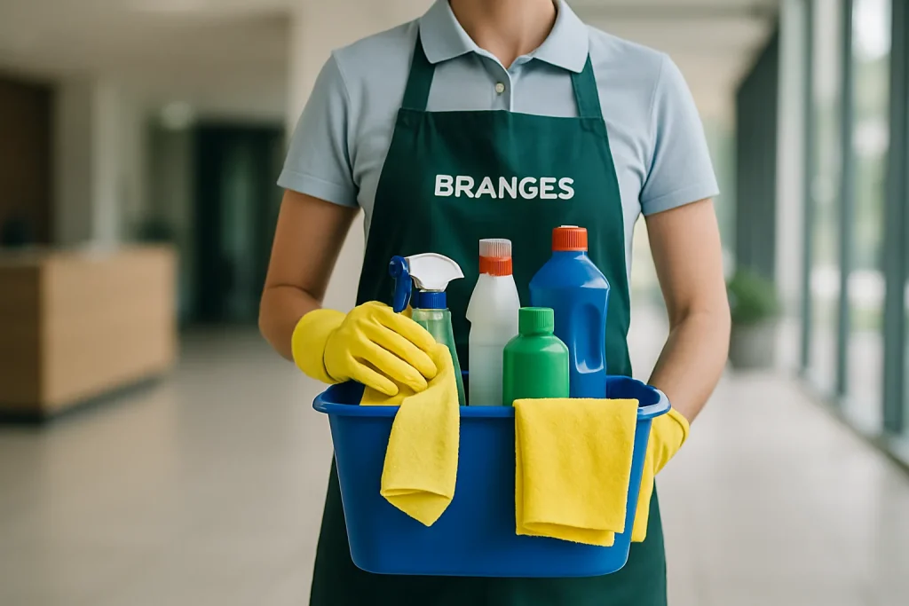 Professionnel du nettoyage nettoyant un bureau à Branges, équipements modernes.