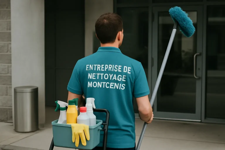 Un technicien de nettoyage à Montcenis, désinfectant une surface dans un appartement en désordre.
