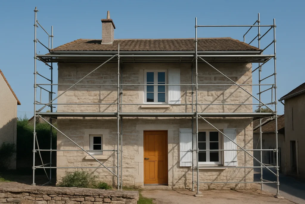 Maison en cours de rénovation à Cluny, échafaudages visibles, ciel dégagé.