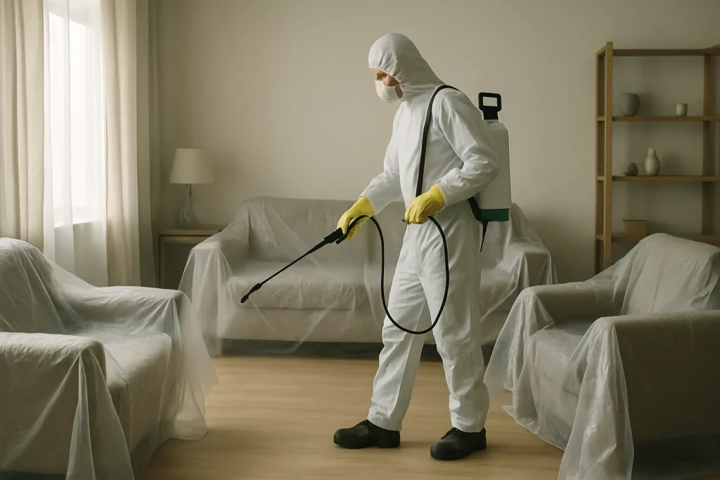 Technicien effectuant un nettoyage dans une pièce infestée de punaises de lit, avec équipements de désinfection.