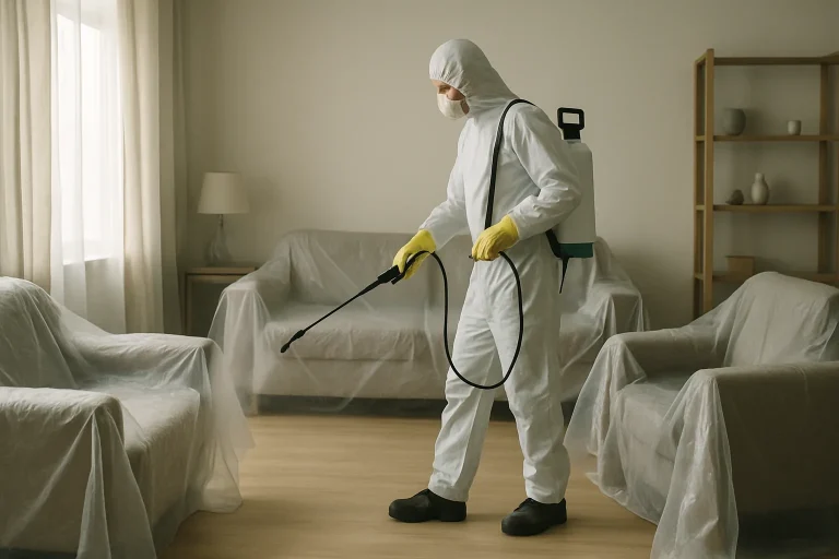 Technicien effectuant un nettoyage dans une pièce infestée de punaises de lit, avec équipements de désinfection.