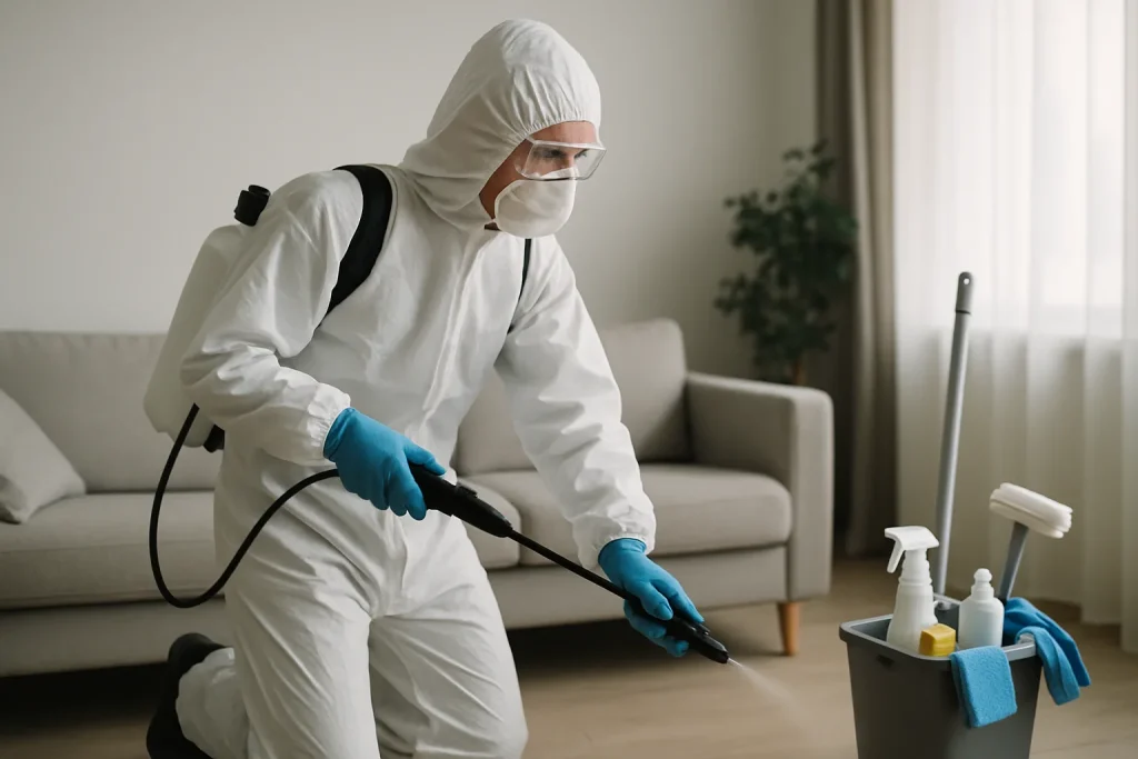 Un expert en combinaison de protection désinfecte un salon après un décès.
