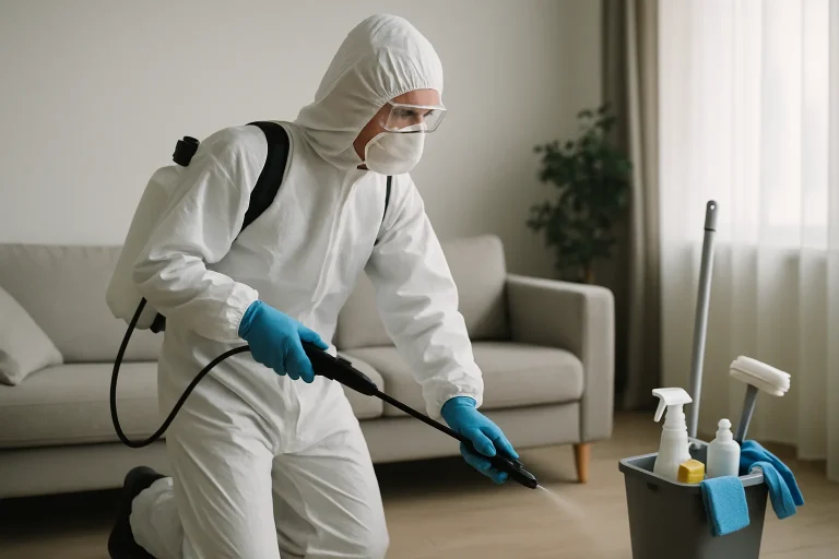 Un expert en combinaison de protection désinfecte un salon après un décès.