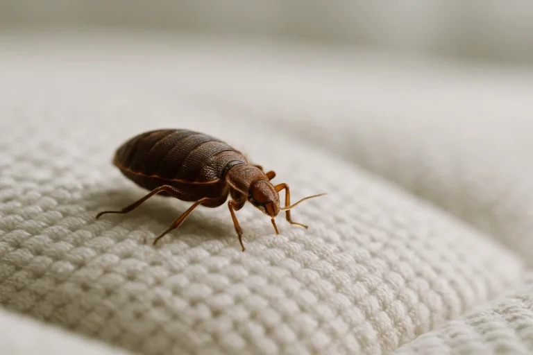 Gros plan d'une punaise de lit sur un matelas avec arrière-plan flou.