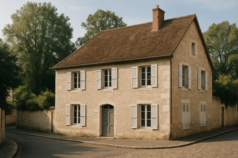 Maison traditionnelle à Chalon-sur-Saône, rue pavée ensoleillée, arbres