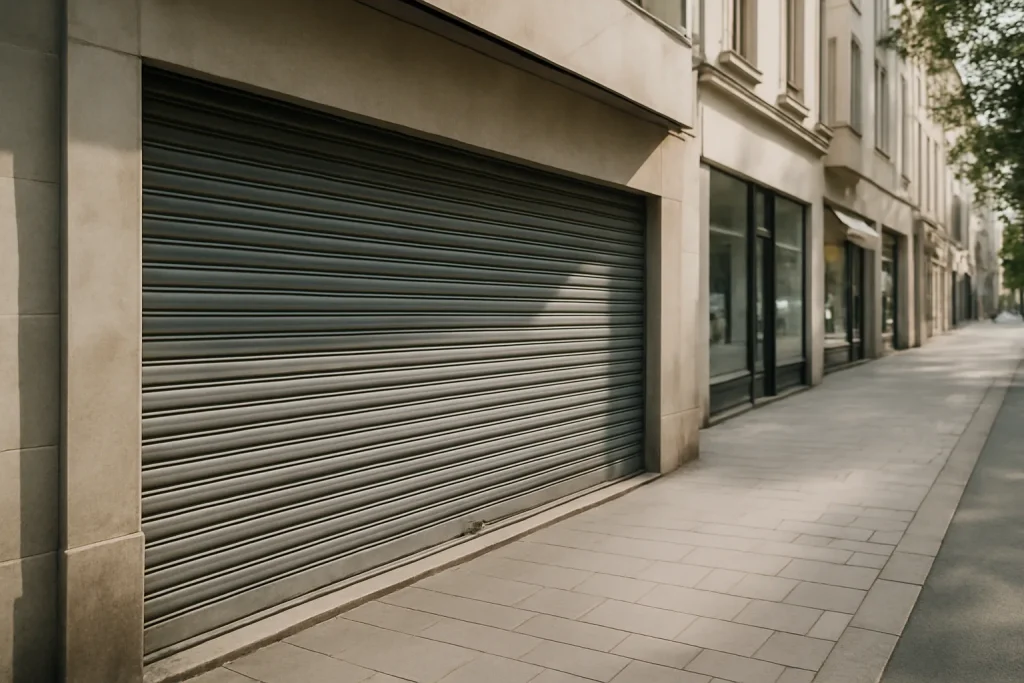 Commerce à Montceau-les-Mines avec rideau métallique baissé, vue de la rue.