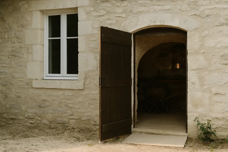 Porte de cave ouverte, objets anciens visibles, lumière du jour, maison accueillante