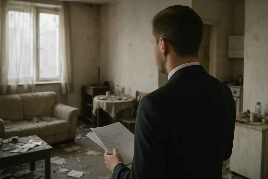 Assureur de dos examinant un appartement en désordre pour remboursement