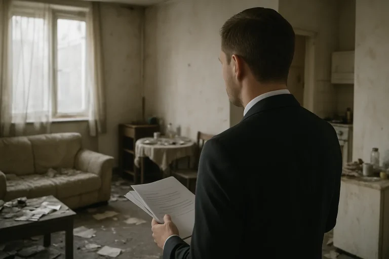 Assureur de dos examinant un appartement en désordre pour remboursement