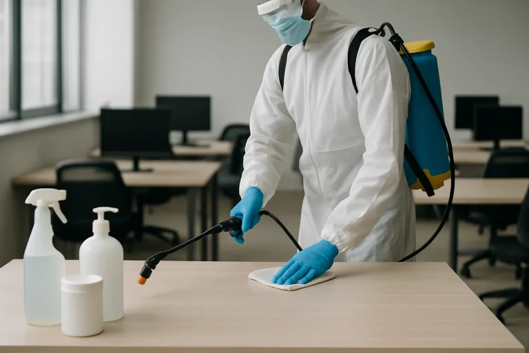 Technicien désinfectant un bureau vide en Saône-et-Loire, produits visibles.