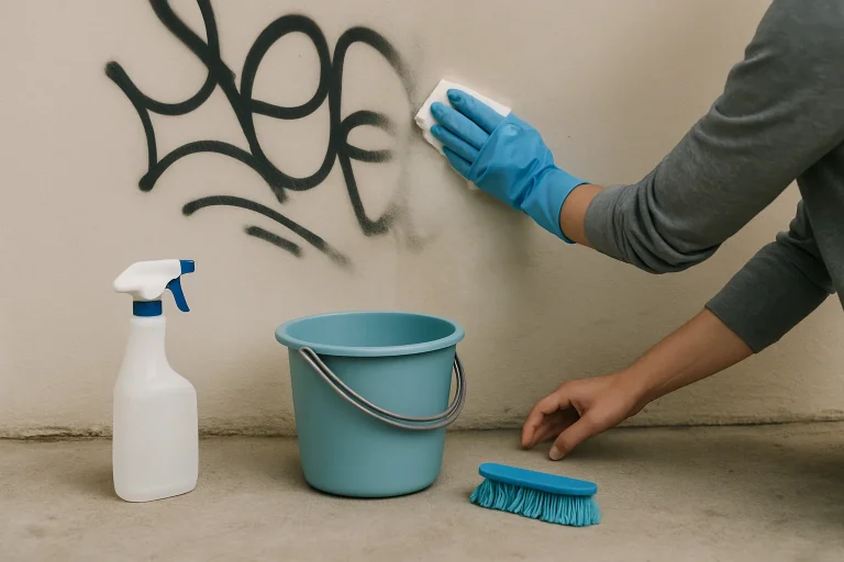 Nettoyage d'un mur couvert de tags après un squat, mains et outils visibles.