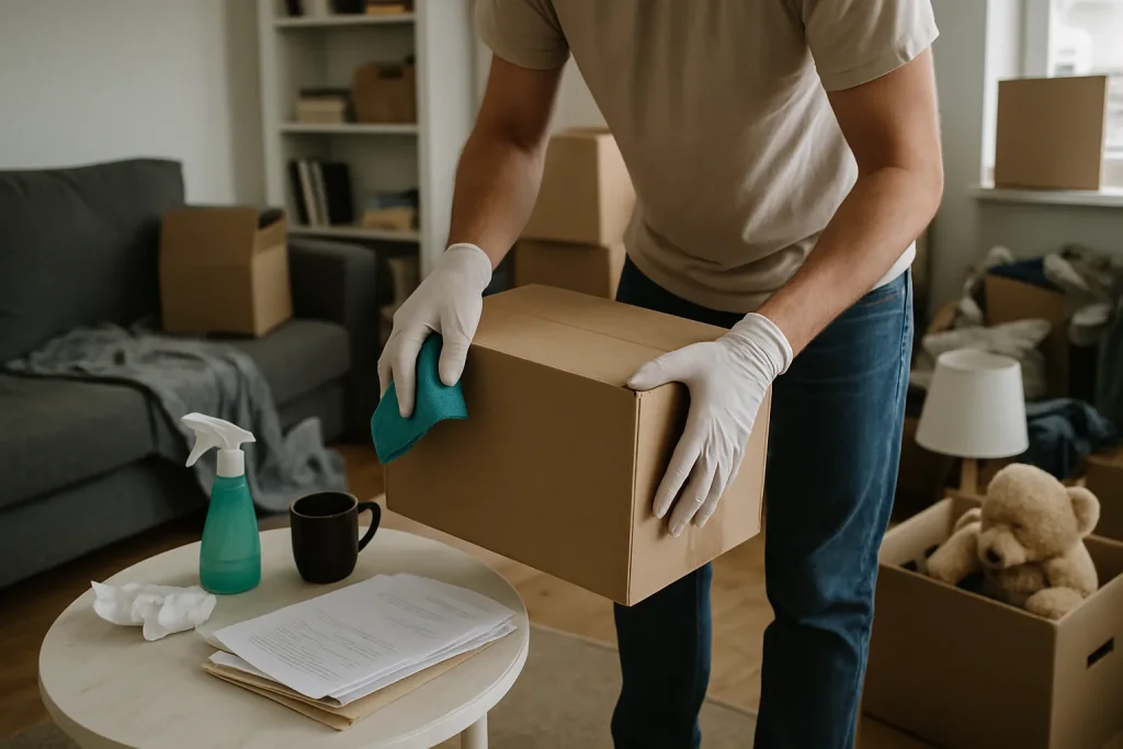 Mains gantées manipulant des objets dans un appartement encombré, éclairage neutre