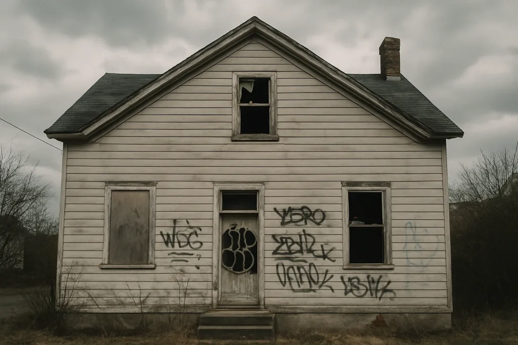 Maison abandonnée avec graffitis et fenêtres cassées, sous un ciel nuageux