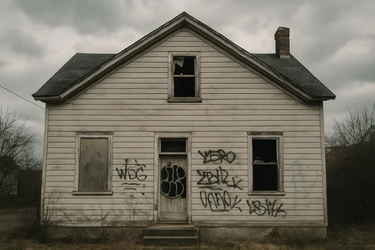 Maison abandonnée avec graffitis et fenêtres cassées, sous un ciel nuageux