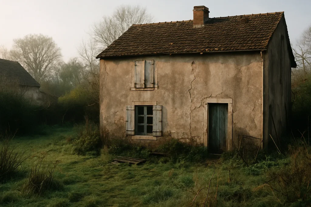 Maison insalubre en Saône-et-Loire avec un jardin en désordre sous la lumière matinale.