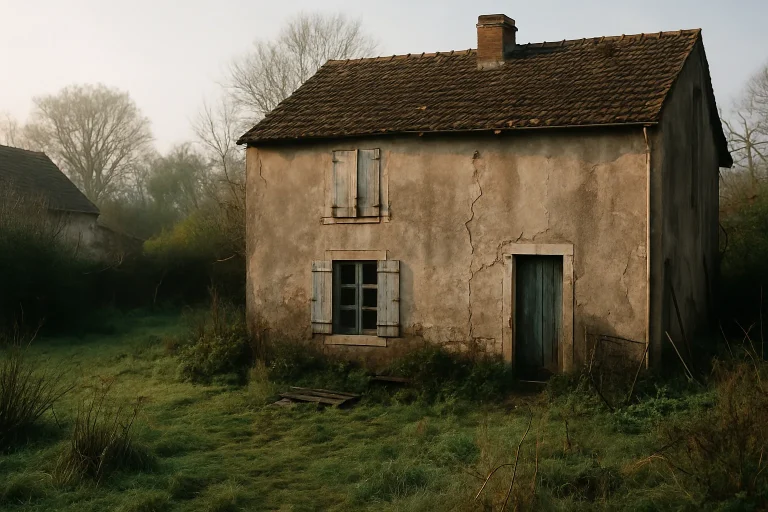 Maison insalubre en Saône-et-Loire avec un jardin en désordre sous la lumière matinale.