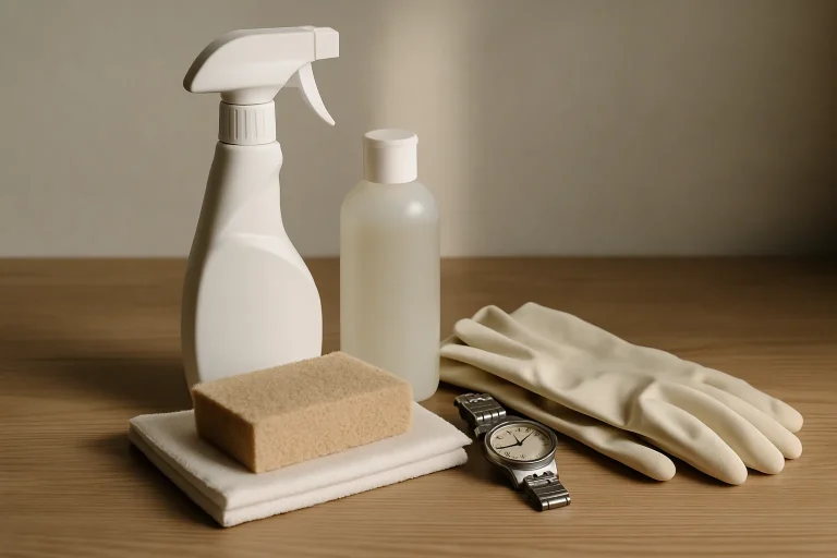Produits de nettoyage, gants et montre posés sur une table en bois éclairée latéralement.