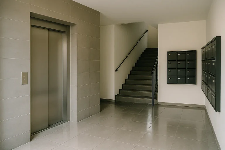 Hall d'immeuble propre et moderne à Louhans, avec ascenseur et escaliers.