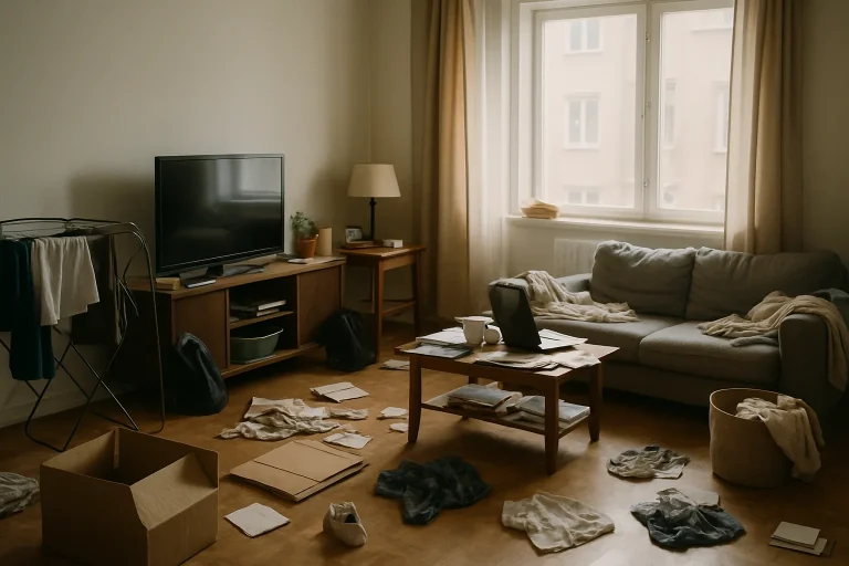 Appartement encombré avec lumière douce, objets divers éparpillés.