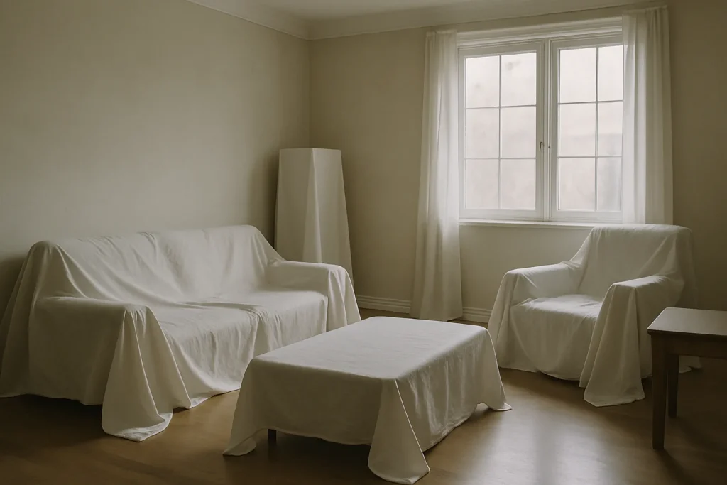 Salon vide avec meubles couverts de draps blancs, lumière douce par la fenêtre.
