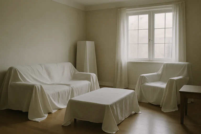 Salon vide avec meubles couverts de draps blancs, lumière douce par la fenêtre.