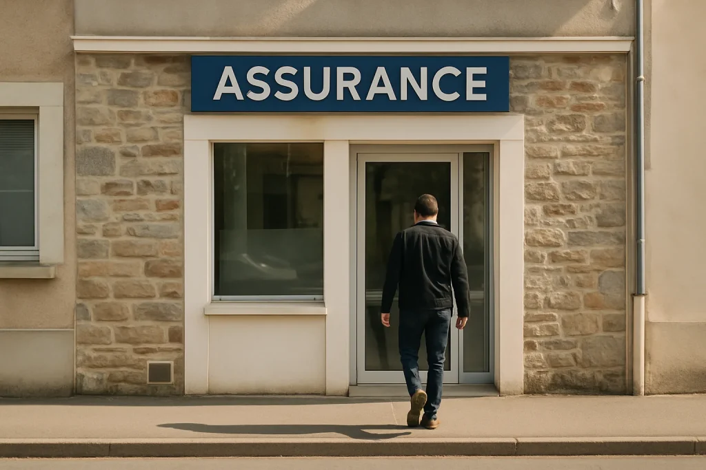Personne entrant dans un bureau d'assurance en Saône-et-Loire pour déclarer un sinistre.