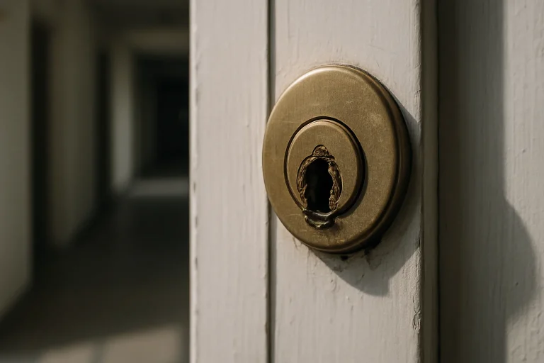 Serrure endommagée sur une porte d'appartement, lumière naturelle.