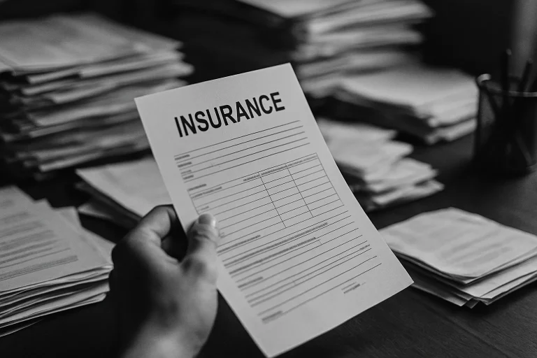 Main tenant un contrat d'assurance sur un bureau encombré de papiers, en noir et blanc