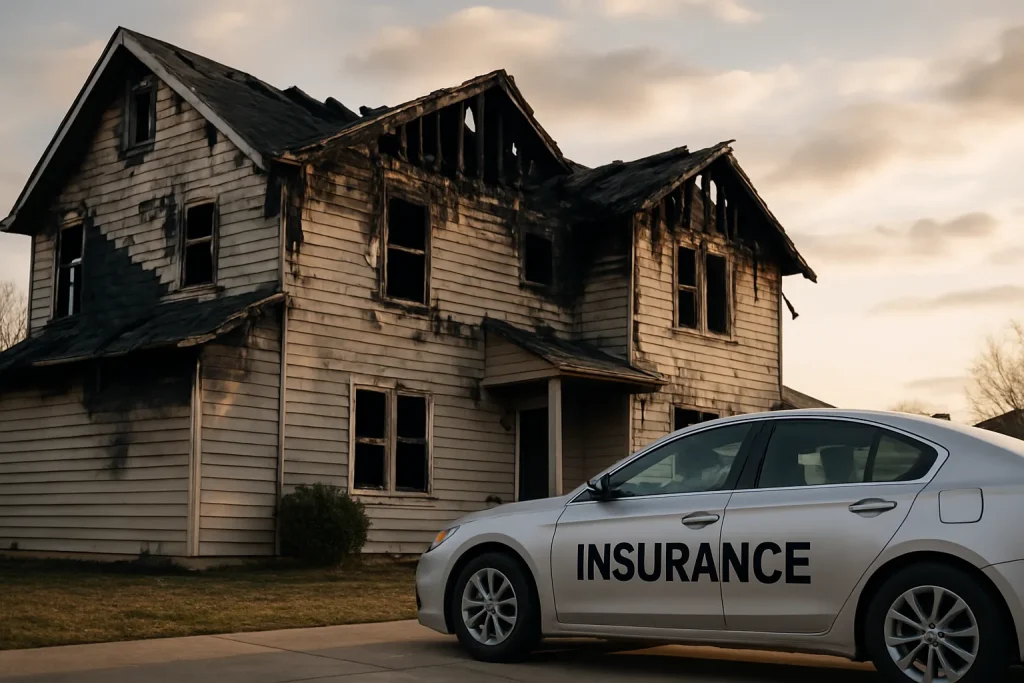 Maison endommagée avec voiture d'assurance devant, lumière douce, ciel nuageux