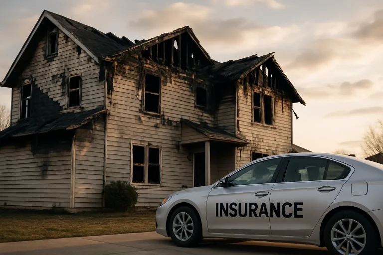 Maison endommagée avec voiture d'assurance devant, lumière douce, ciel nuageux