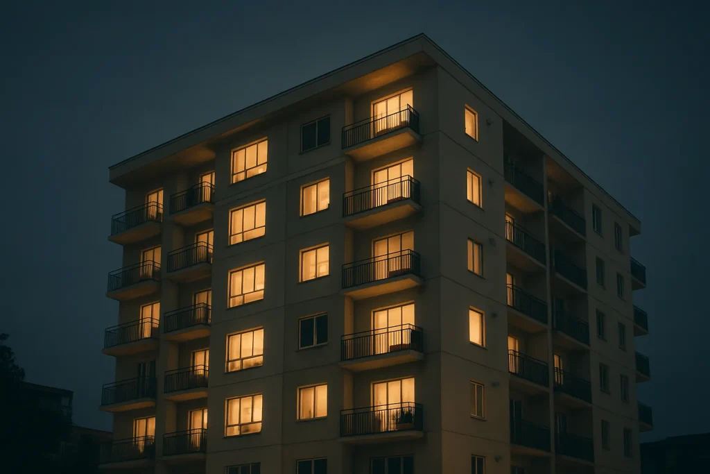 Immeuble résidentiel en copropriété la nuit avec fenêtres éclairées.