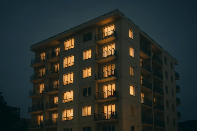 Immeuble résidentiel en copropriété la nuit avec fenêtres éclairées.