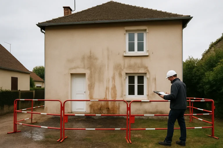 Maison à Paray-le-Monial avec des signes de dégâts des eaux et un technicien inspectant.