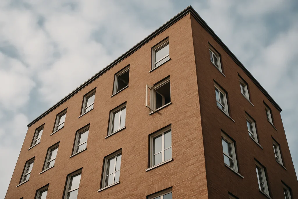 Façade d'un bâtiment résidentiel en brique avec fenêtres ouvertes sous un ciel nuageux