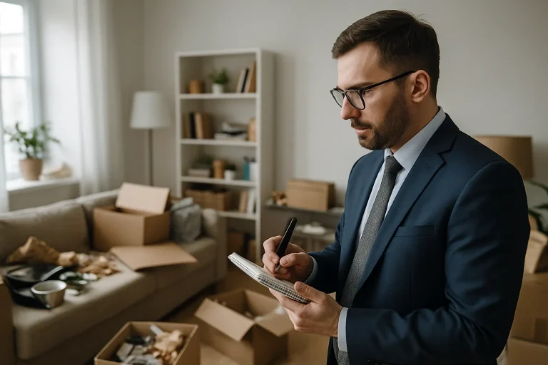 Expert d'assurance prenant des notes dans un appartement encombré avant débarras.