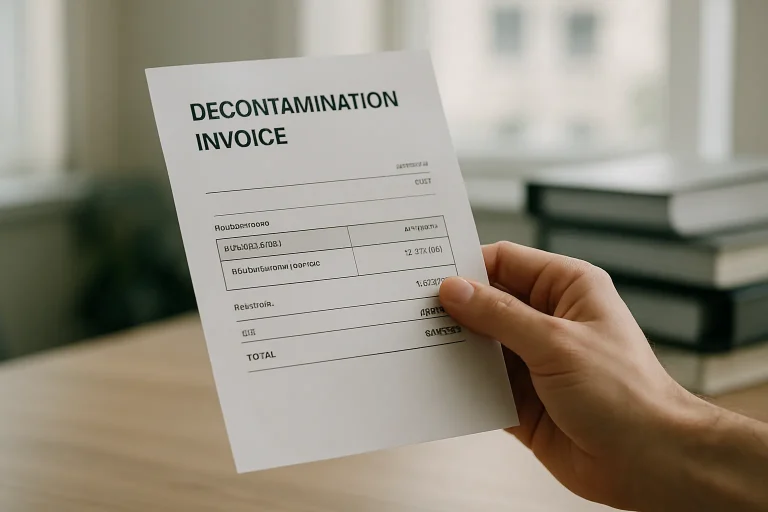Main tenant une facture de décontamination sur un bureau, arrière-plan flou.