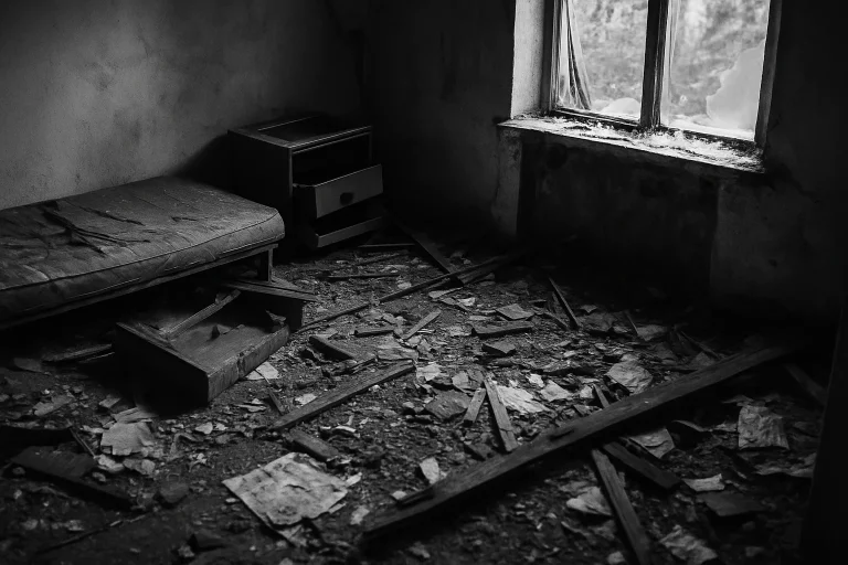 Intérieur en noir et blanc d'une pièce vandalisée avec débris au sol et lumière entrant par une fenêtre cassée.