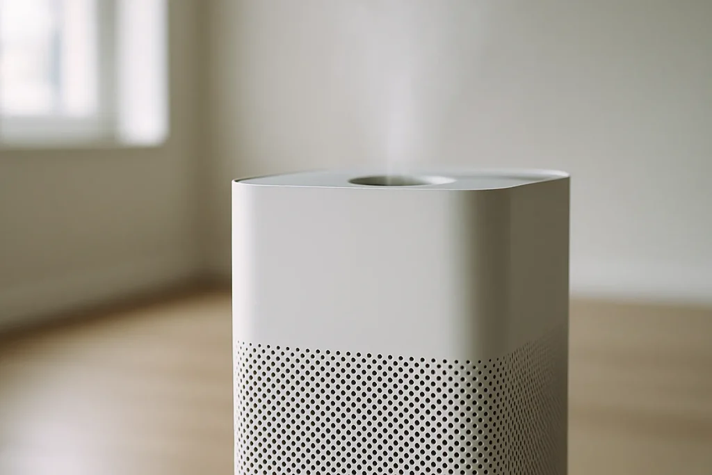 Purificateur d'air en gros plan dans une pièce vide, lumière douce.