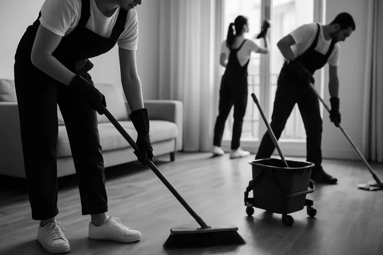 Équipe de nettoyage travaillant dans un appartement hérité, en noir et blanc.