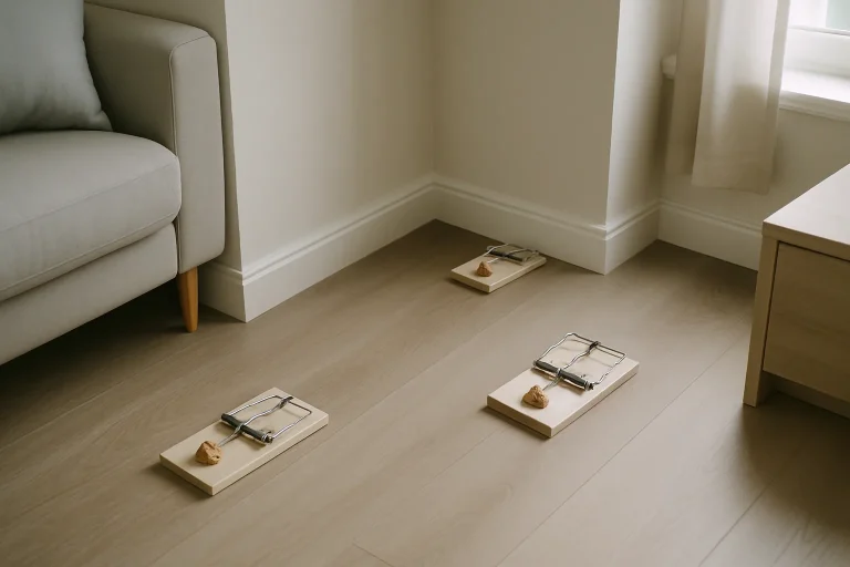 Vue d'un intérieur avec trappes à rats et appâts, éclairage doux, angle en plongée