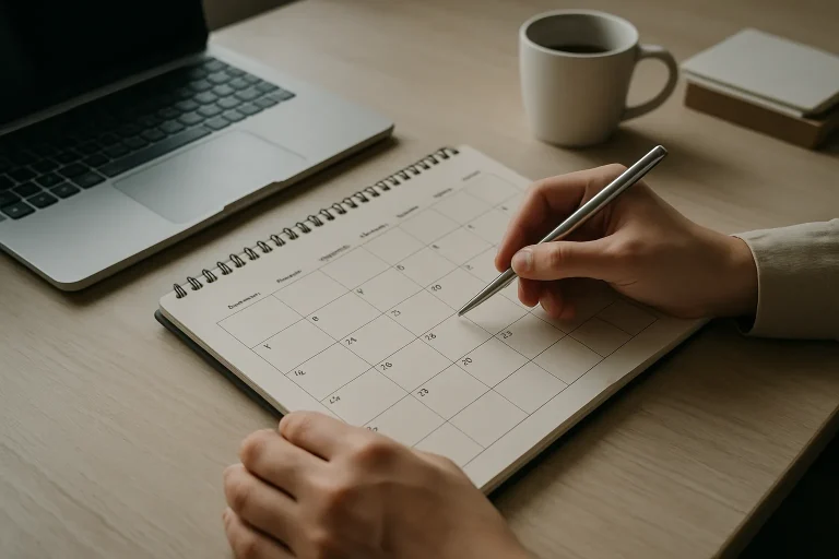 Calendrier ouvert sur un bureau avec des mains tenant un stylo, planification de date.