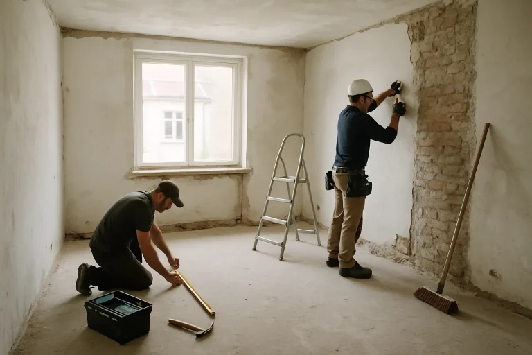 Ouvriers effectuant des travaux de rénovation dans une pièce, lumière naturelle.